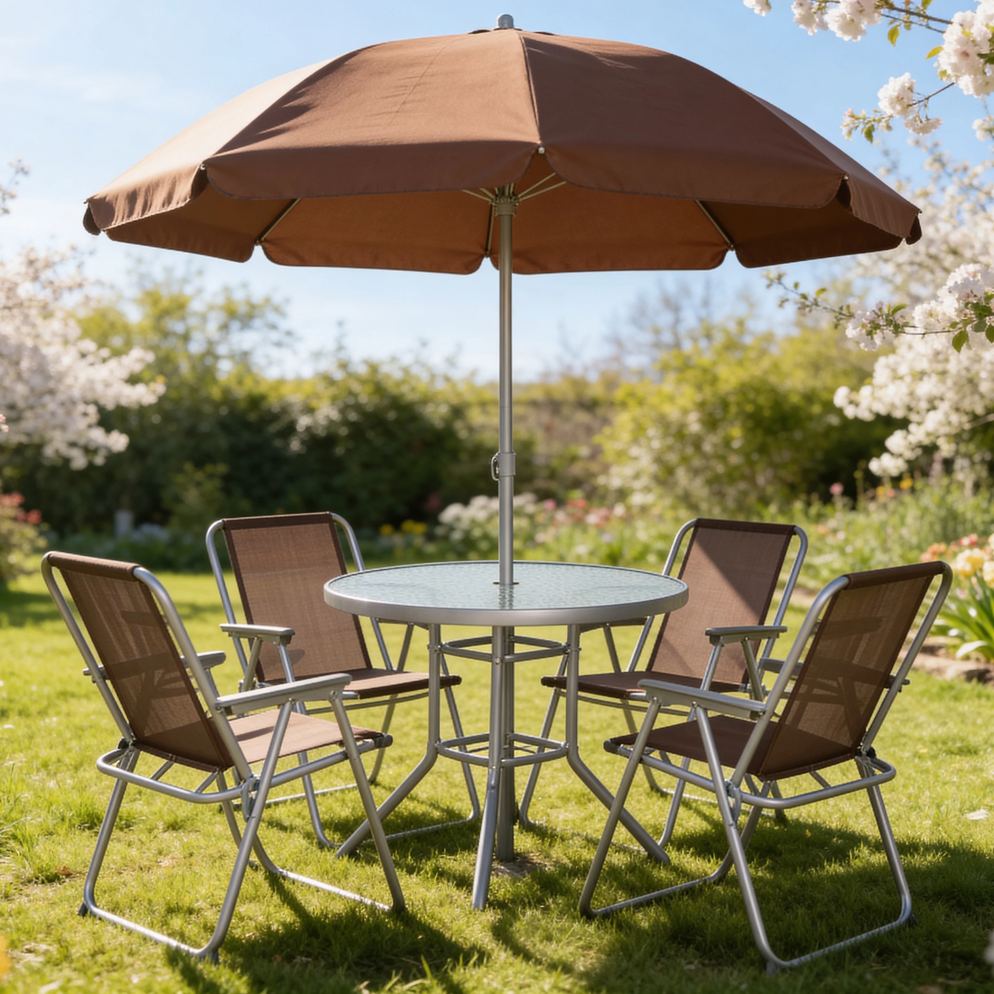 6-Pc. Outdoor Garden Glass Table Furniture Set with Chairs and Umbrella - Image 4