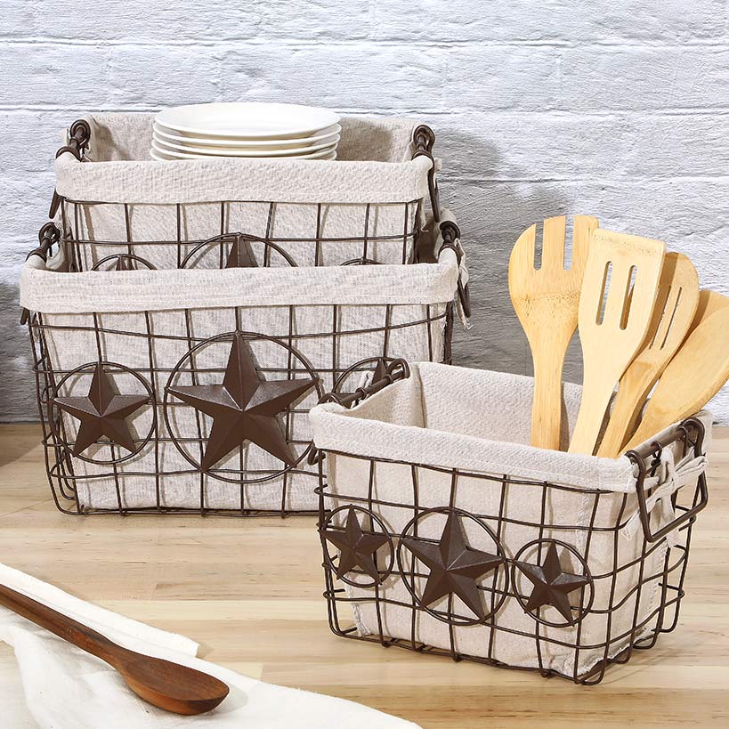 Brown Metal Storage Baskets with Star Accent and Polyester Lining Set of 3 - Image 3