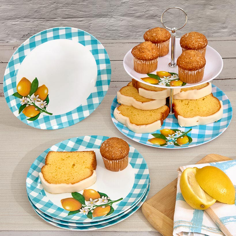 Citrus Chic Blue Plaid and Lemon Print 2-Tier Serving Tray - Image 3