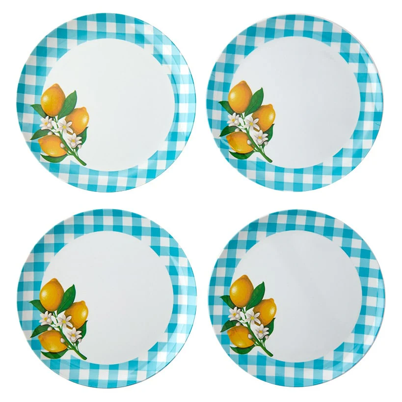 Citrus Chic Blue Plaid and Lemon Print Melamine Dessert Plates - Image 5