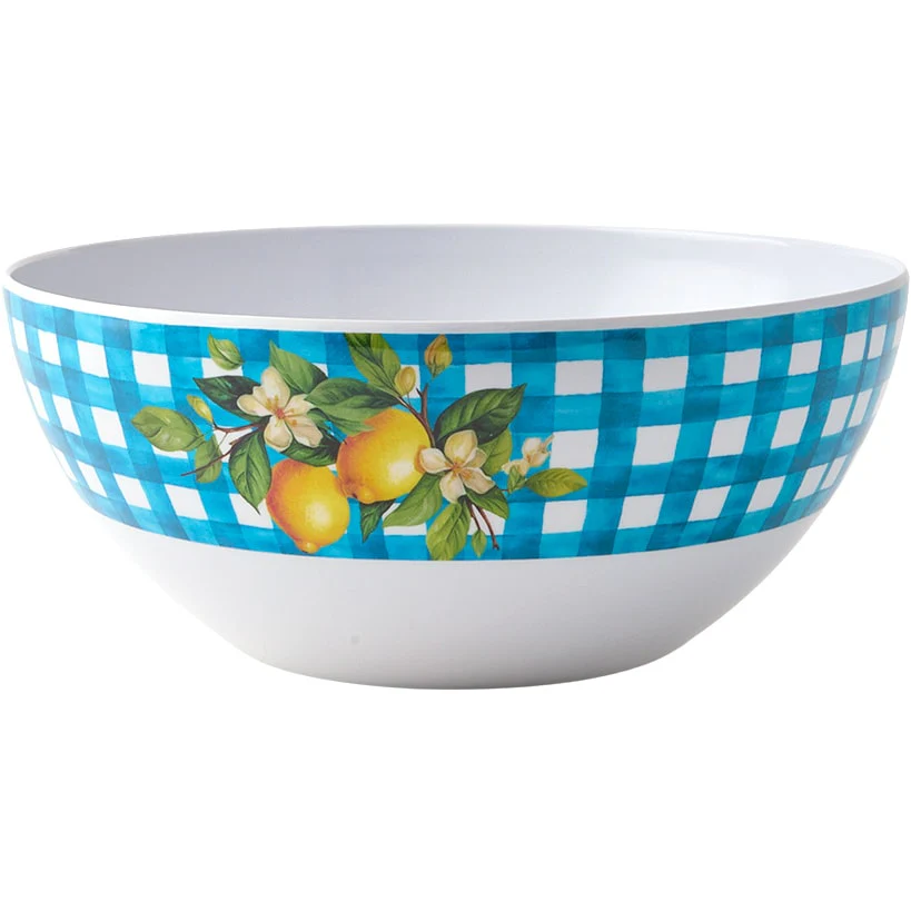 Citrus Chic Blue Plaid and Lemon Print Melamine Salad Bowl with Utensils - Image 2