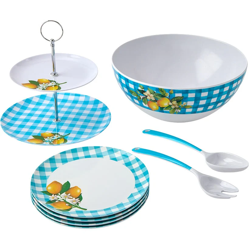 Citrus Chic Blue Plaid and Lemon Print Melamine Salad Bowl with Utensils - Image 6