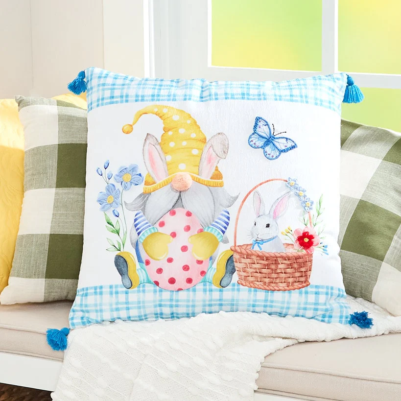 Easter Bunny and Gnome Embroidered Decorative Pillow