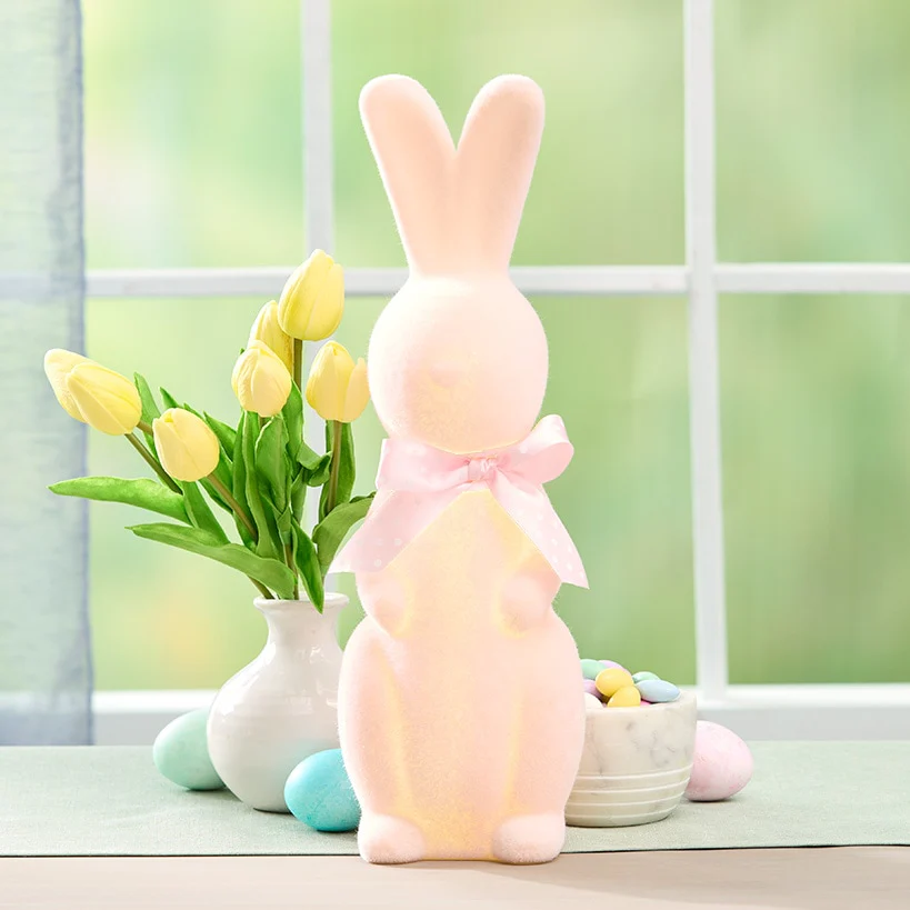Easter Flocked Lighted Bunny Tabletop Décor - Green, Pink, Or Lavender - Image 4