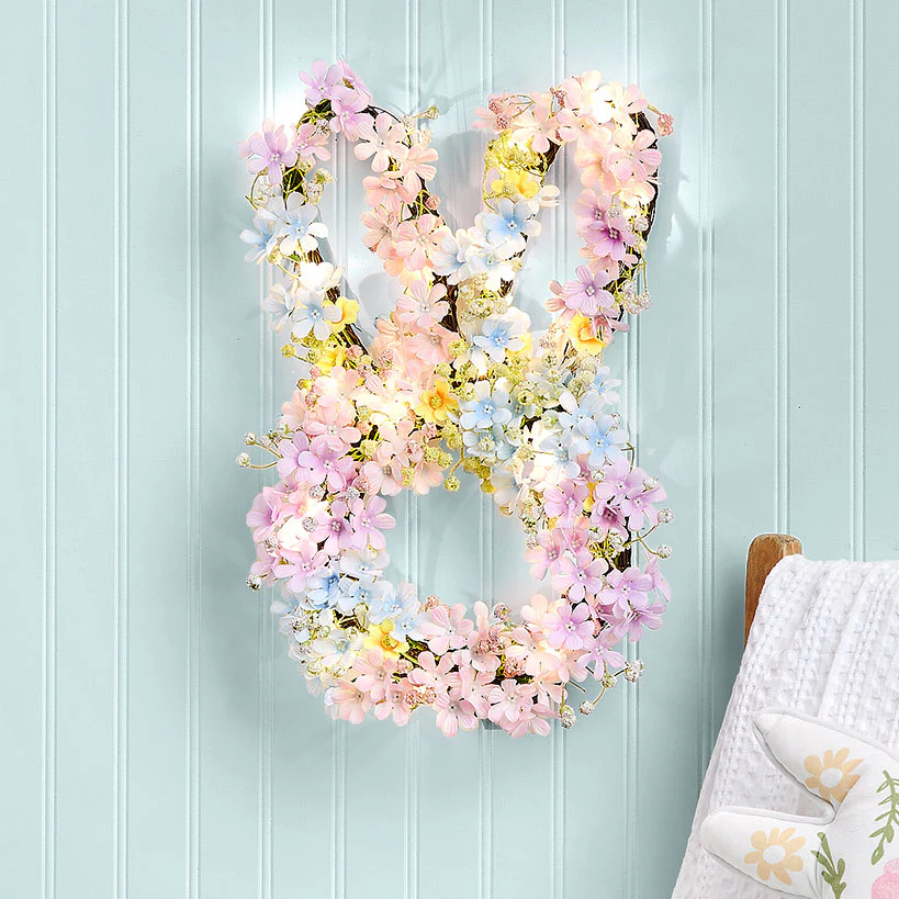Easter Lighted Bunny Shape Spring Flower Wreath - Battery Operated