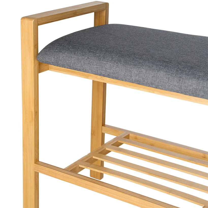 Entryway Bamboo Bench with Shoe Shelf and Polyester Cushion - Image 2