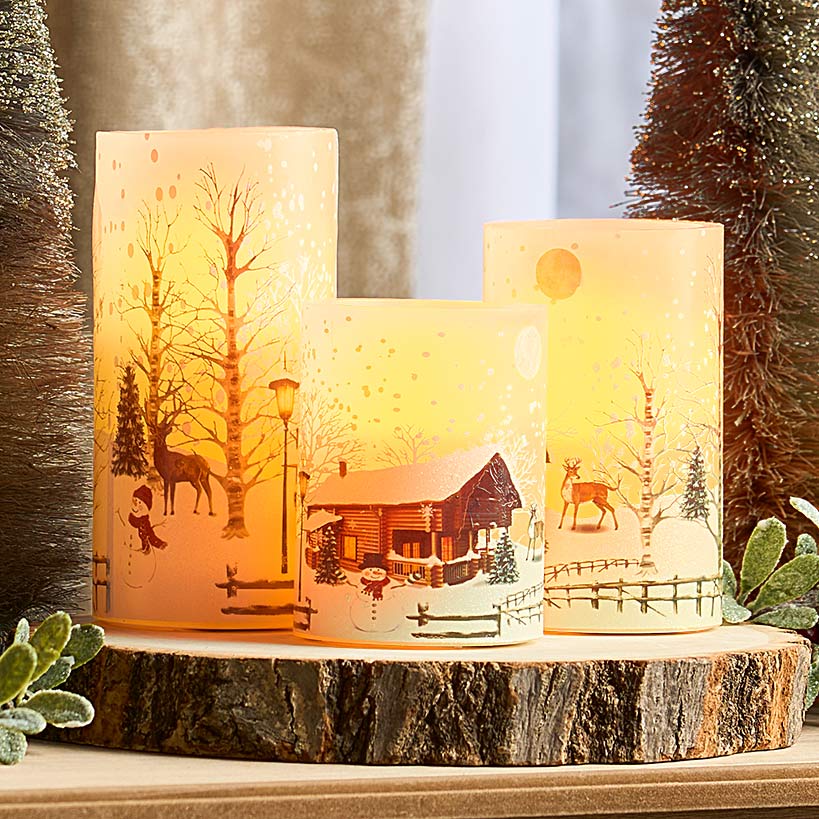 Flameless Flickering LED Candles with Winter Art- Set of 3 - Image 3