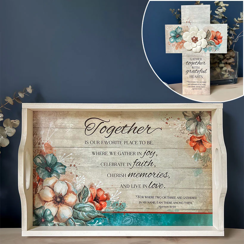 Gather Together Collection - Pie Plate, Wall Cross, Measuring Spoons, Tray