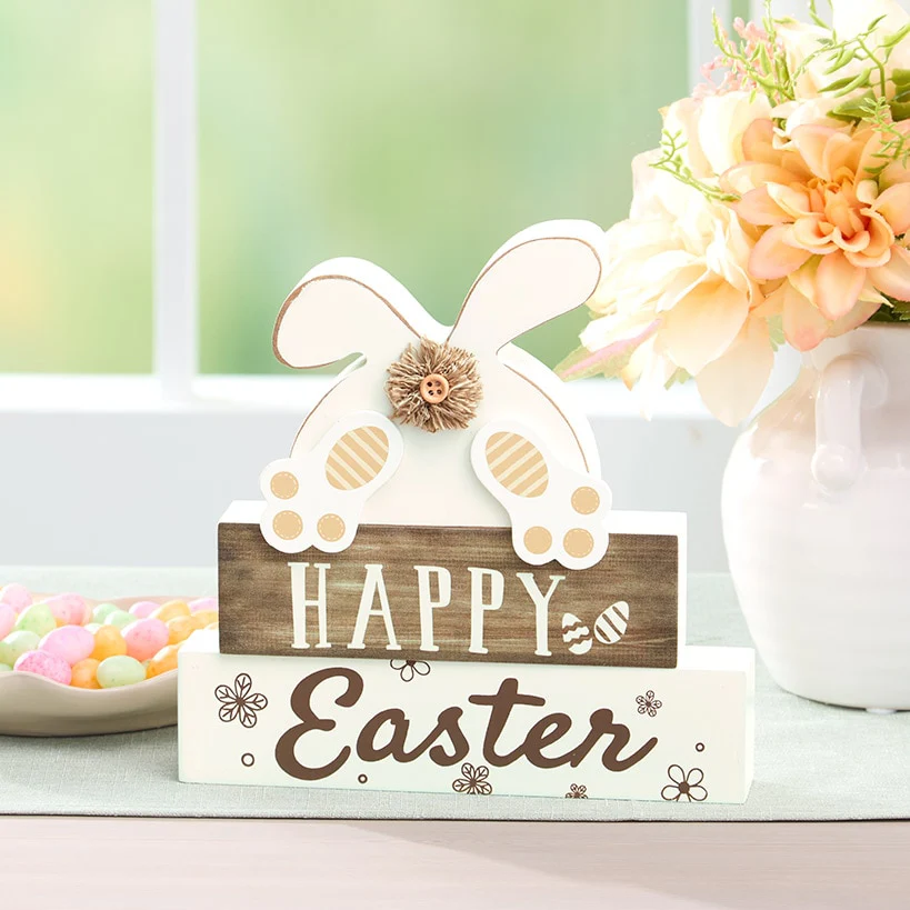 Happy Easter Stacked Block Sign with Bunny - Natural or Spring - Image 3