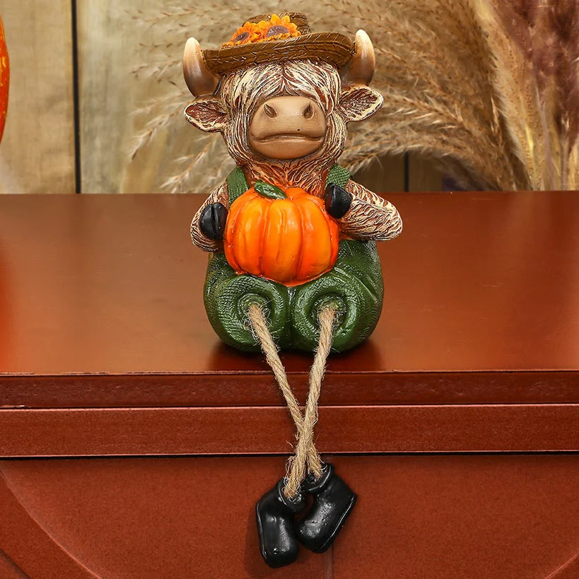 Highland Cow Shelf Sitter Girl With Sunflower Or Boy With Pumpkin - Image 3