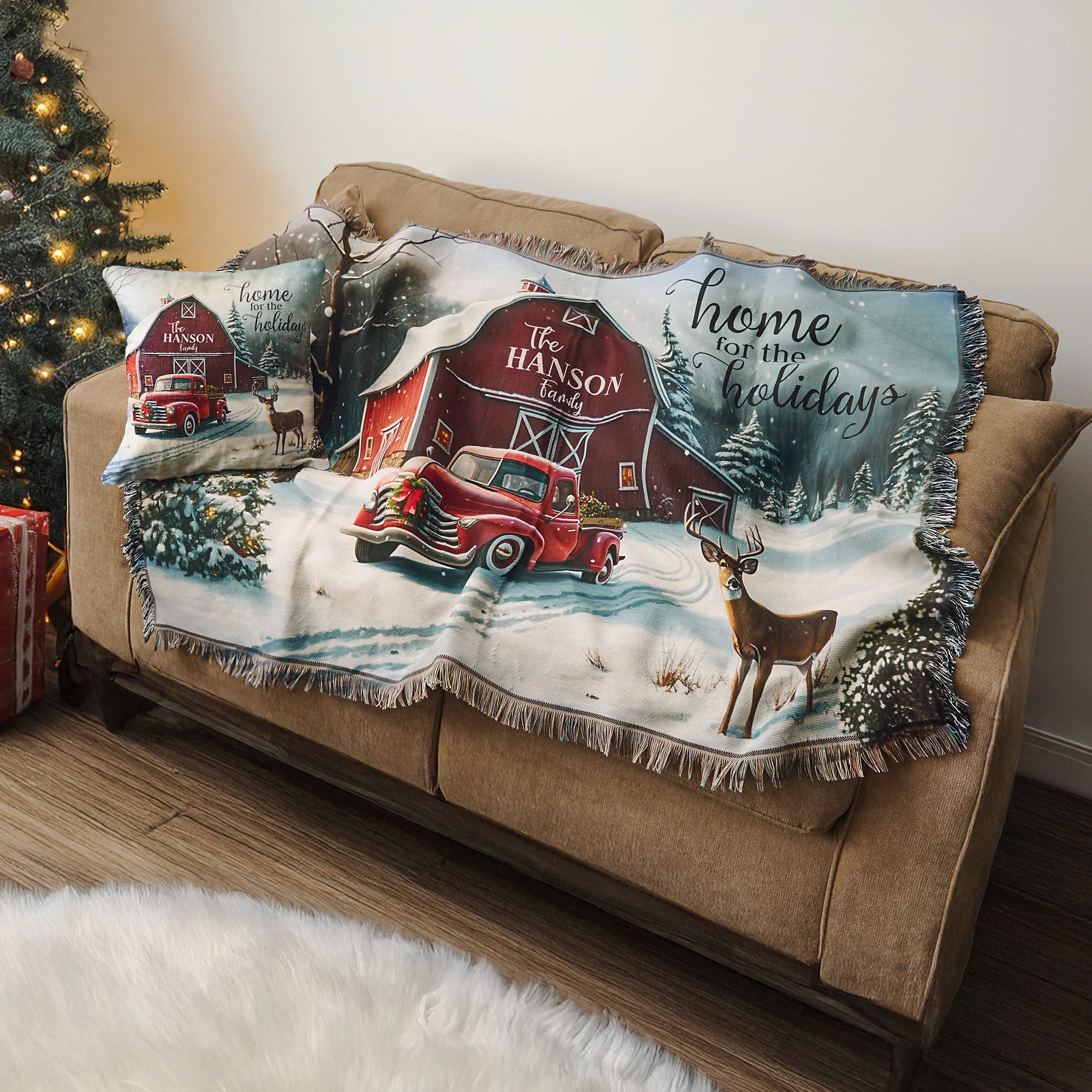 Personalized Home for the Holidays Red Barn 14" Throw Pillow - Image 4