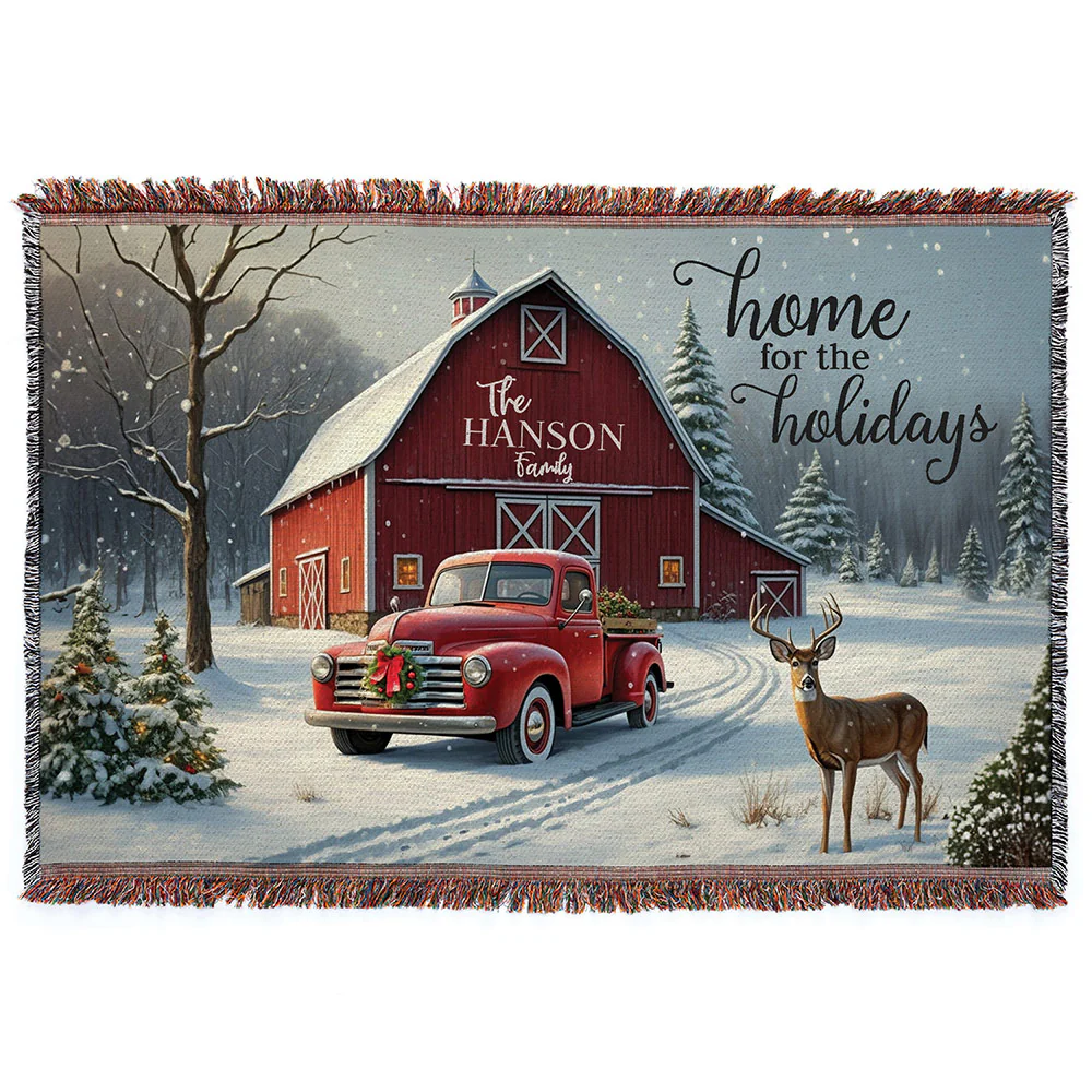 Personalized Home for the Holidays Red Barn Fringe Throw Blanket - Image 4