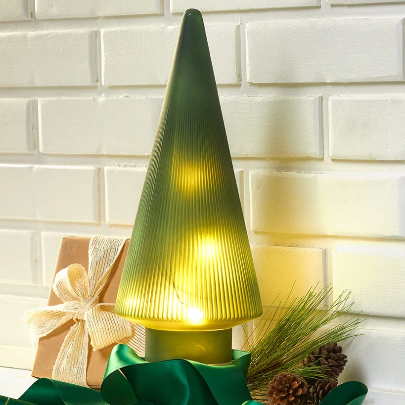 Lighted Burgundy Snowflake or Green Ribbed Glass Tabletop Tree - Image 2