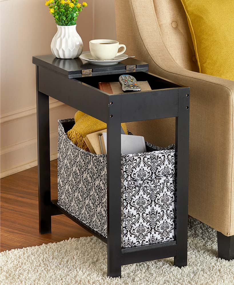 Narrow Wood Side Table with Flip-Top and Fabric Storage Bin - Image 12