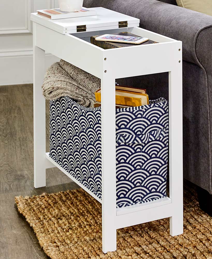 Narrow Wood Side Table with Flip-Top and Fabric Storage Bin - Image 13