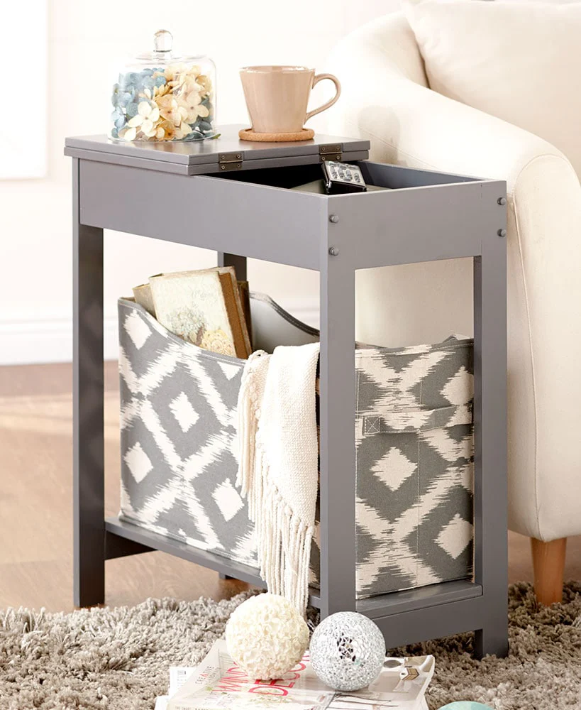 Narrow Wood Side Table with Flip-Top and Fabric Storage Bin - Image 2