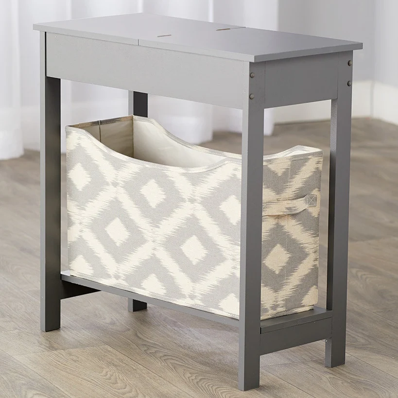 Narrow Wood Side Table with Flip-Top and Fabric Storage Bin - Image 4