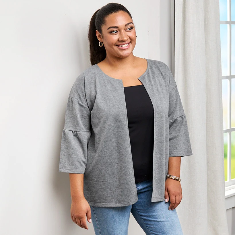 Open Front Cardigan with Ruffle 3/4 Sleeve - Image 5