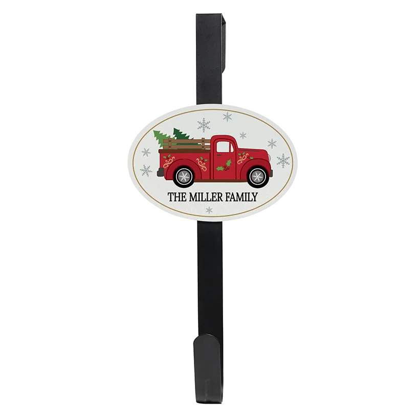 Personalized Christmas Red Truck Wreath Door Hanger or Oval Metal Plaque - Image 5