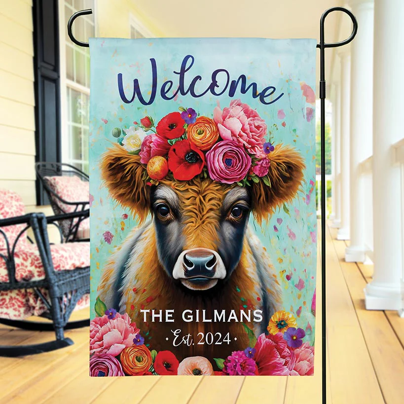 Personalized Floral Highland Cow Welcome Garden Flag - Image 2