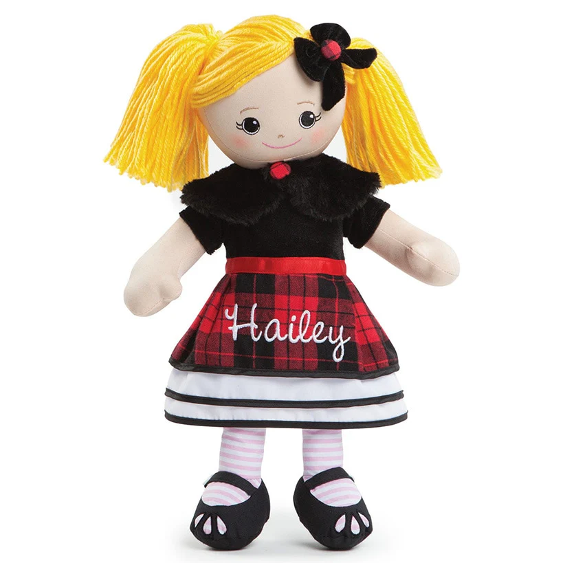 Personalized Rag Doll with Winter Plaid Dress - Image 3