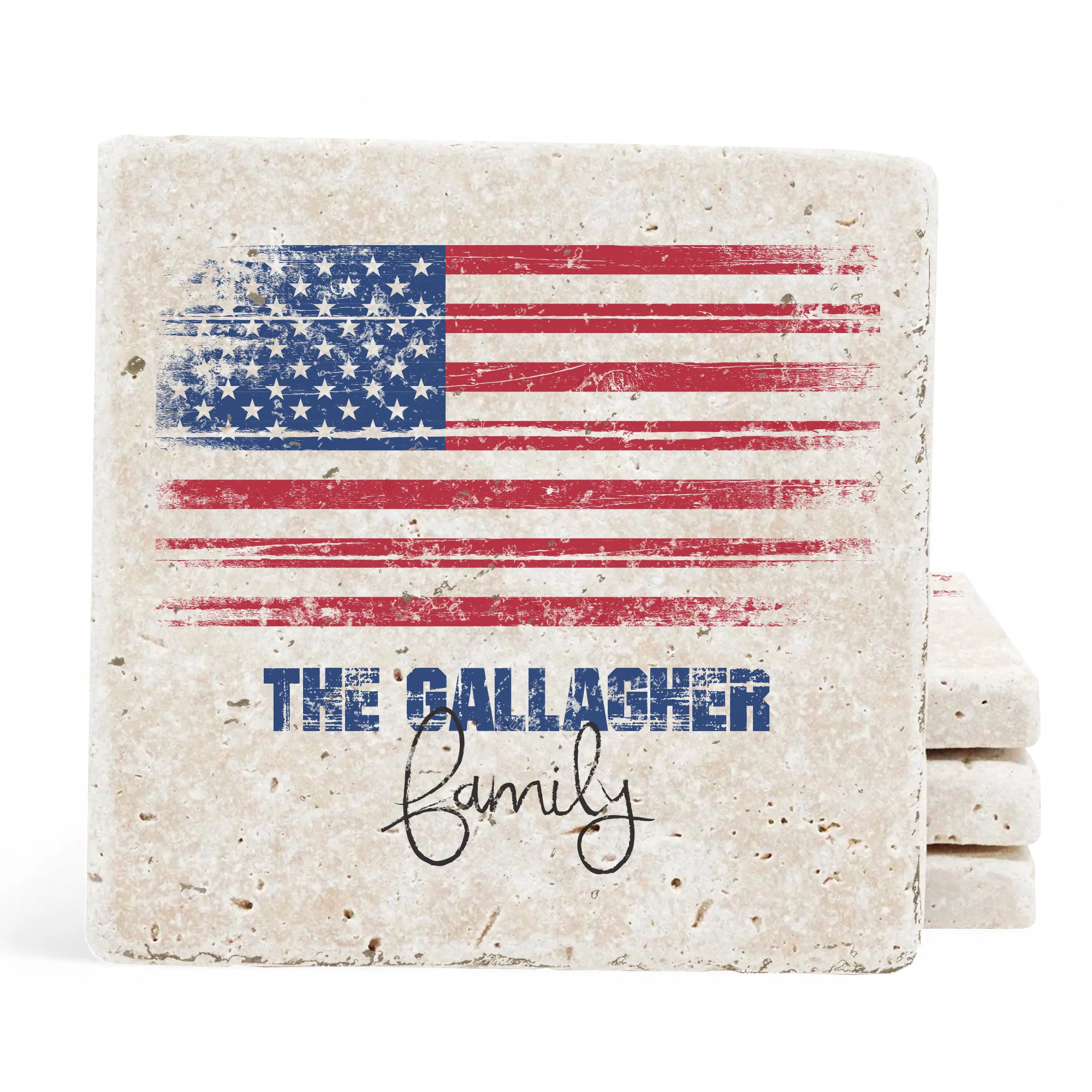 Personalized Set of 4 American Flag Travertine Coasters - Image 2
