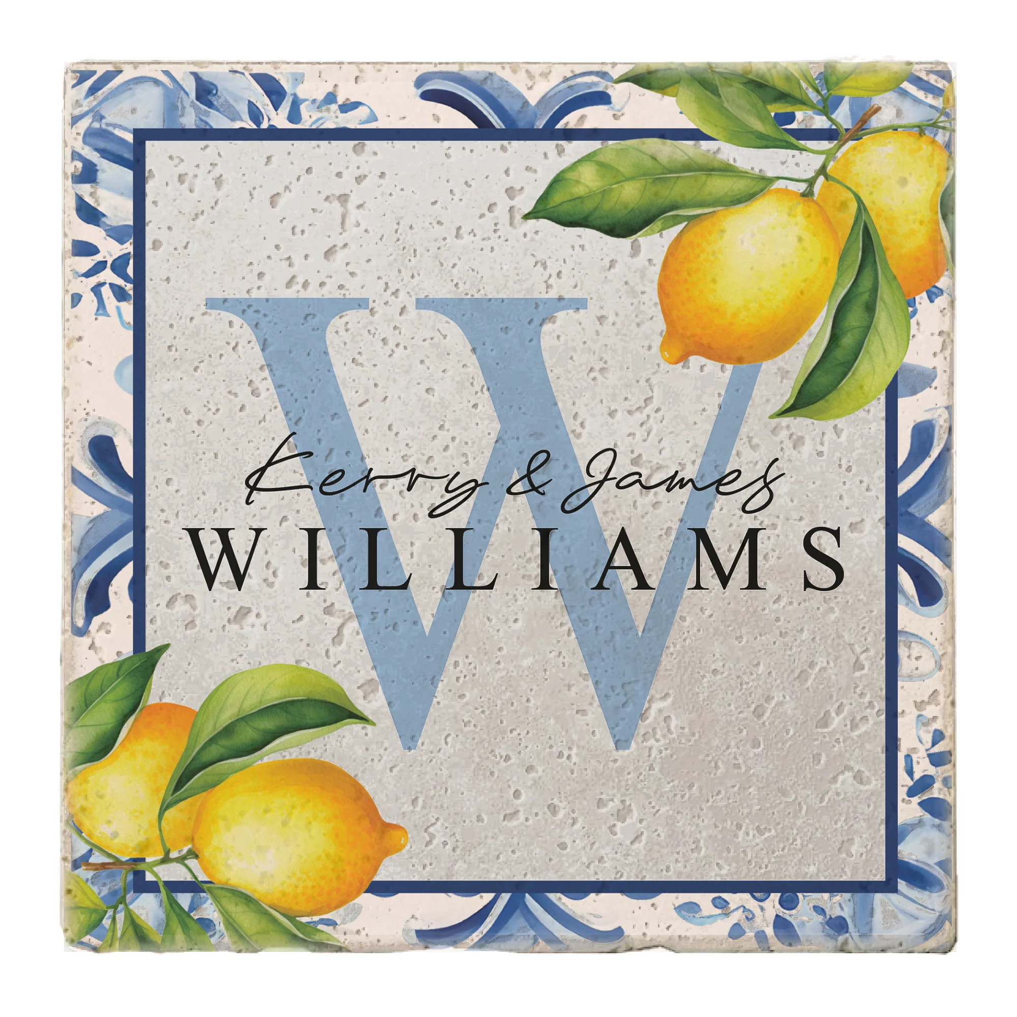 Personalized Set of 4 Blue Lemon Floral Travertine Coasters - Image 3