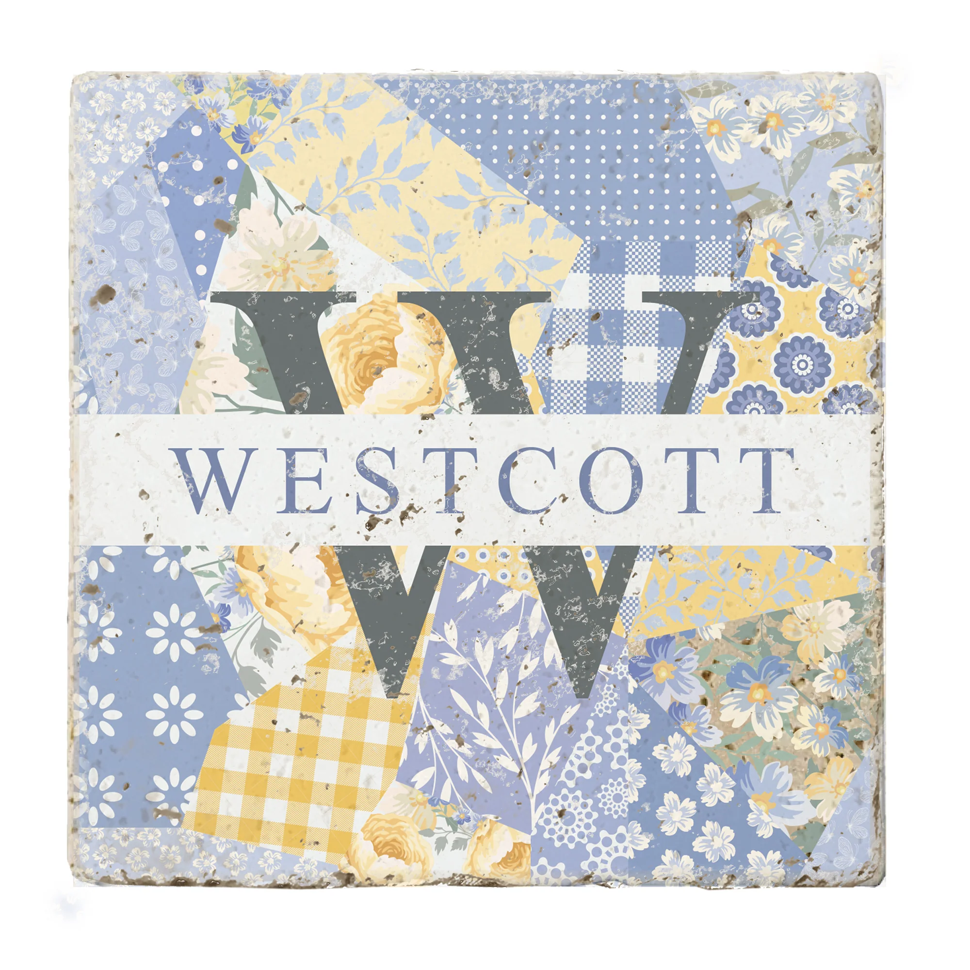 Personalized Set of 4 Patchwork Floral Travertine Coasters - Image 3