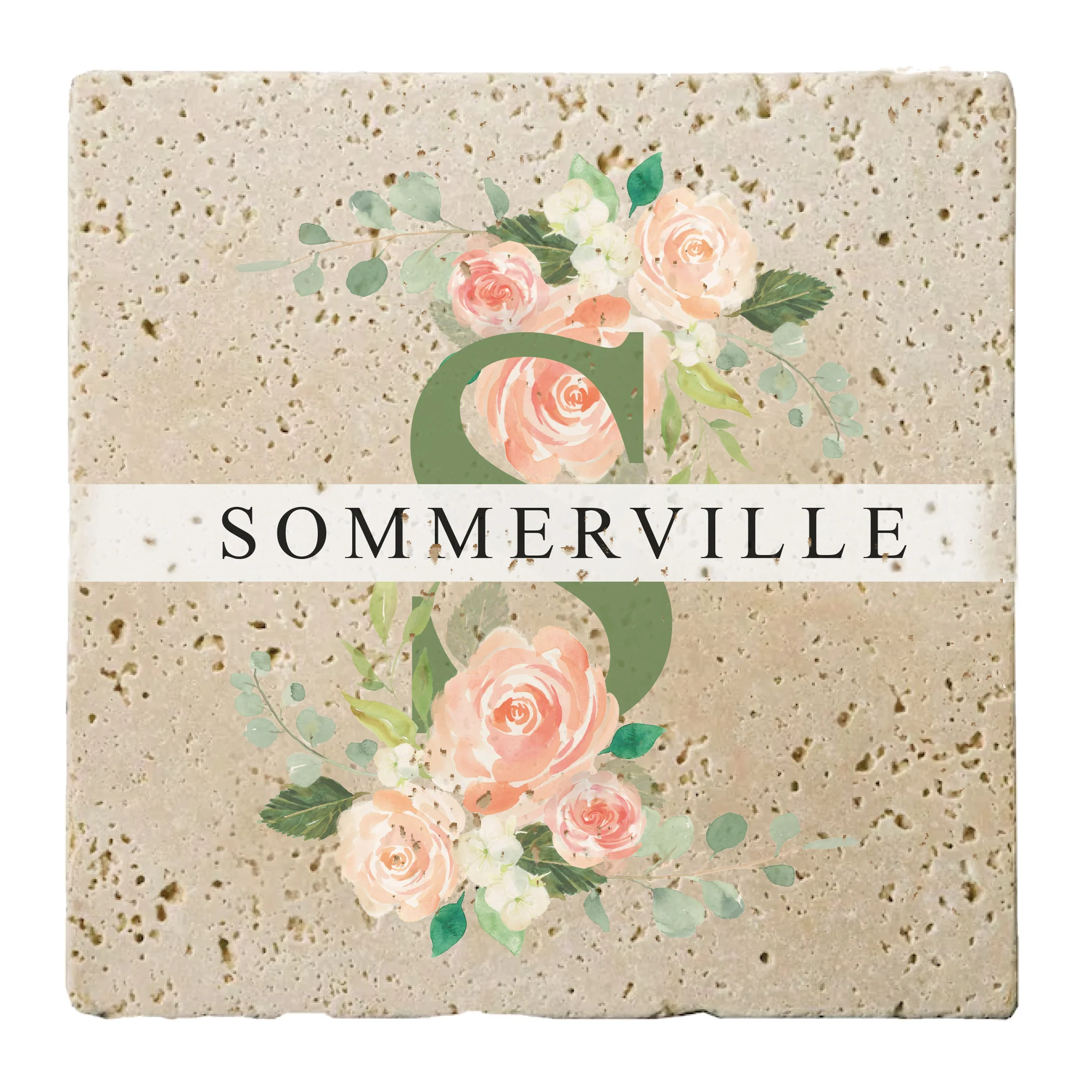 Personalized Set of 4 Spring Roses Travertine Coasters - Image 3