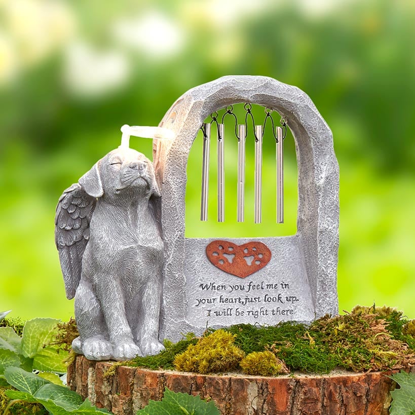 Pet Memorial Statue Solar with Chimes and Lighted Halo Dog or Cat - Image 2