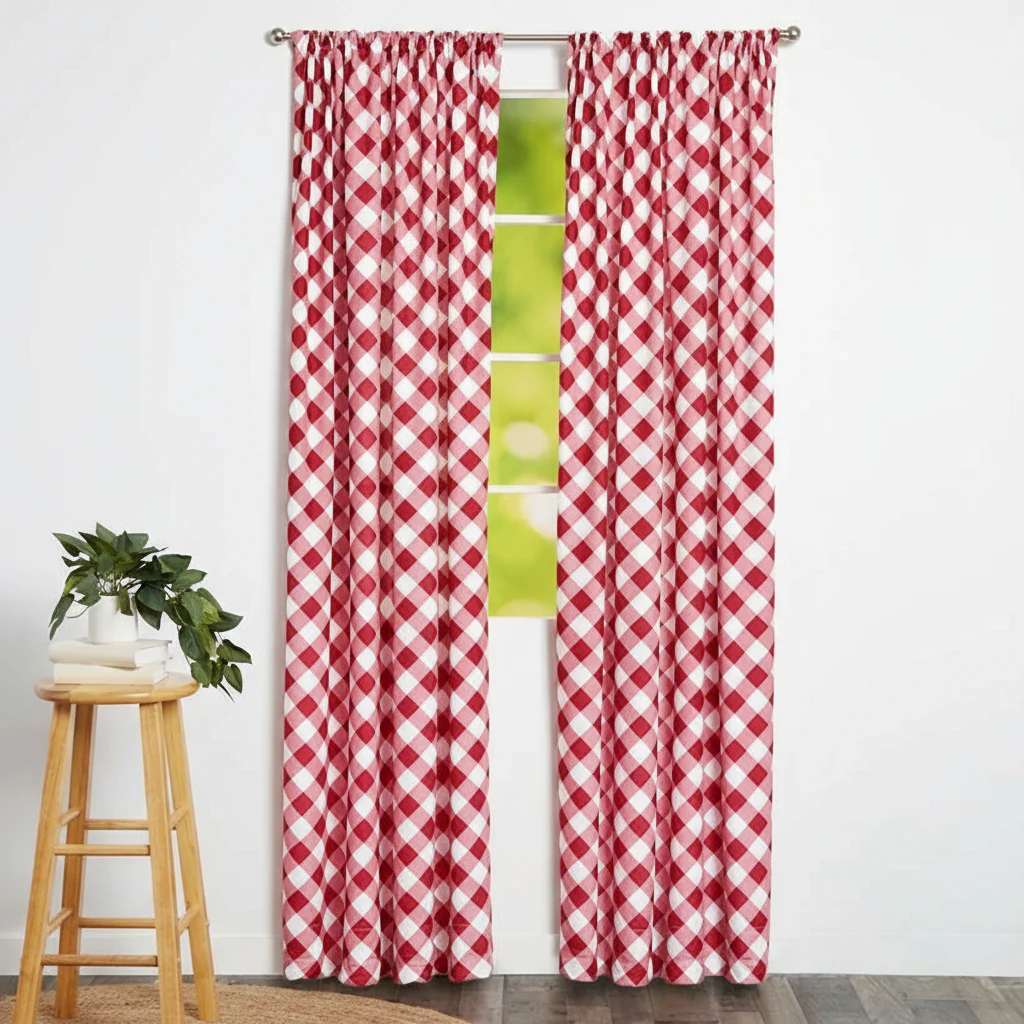 Red and White Check Pattern Window Panel