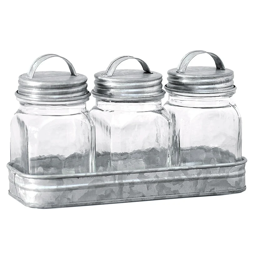 Set of 3 Glass Canisters in Galvanized Tray - Image 4