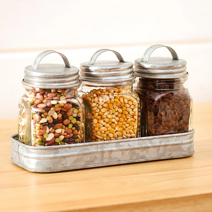 Set of 3 Glass Canisters in Galvanized Tray - Image 5