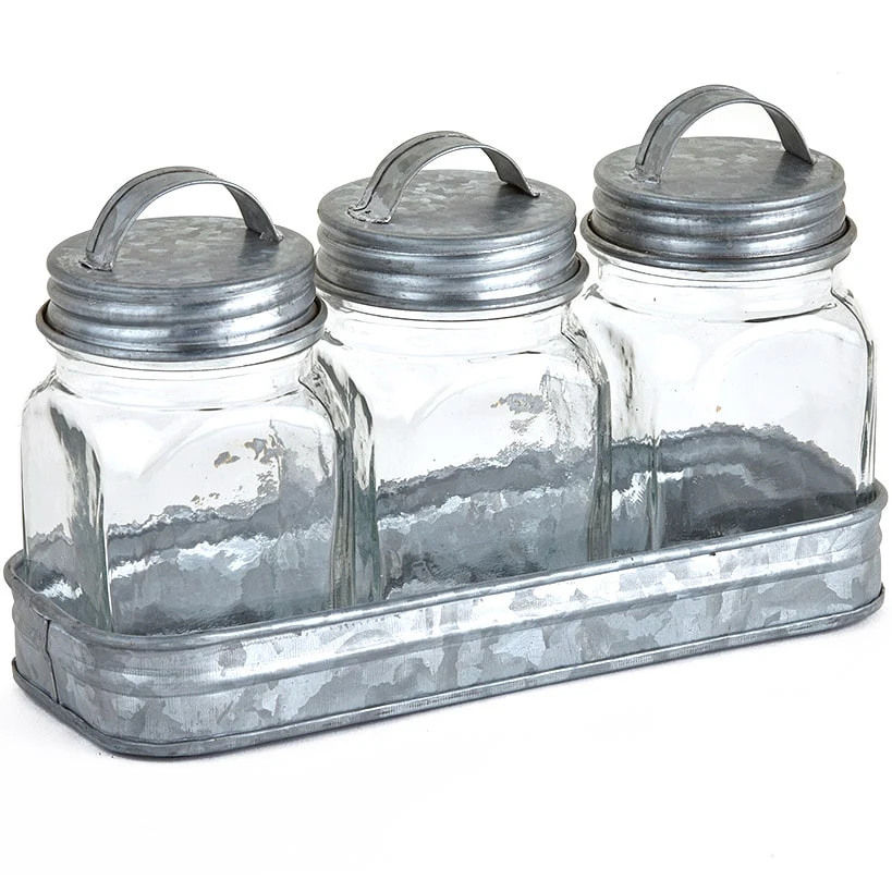 Set of 3 Glass Canisters in Galvanized Tray - Image 8