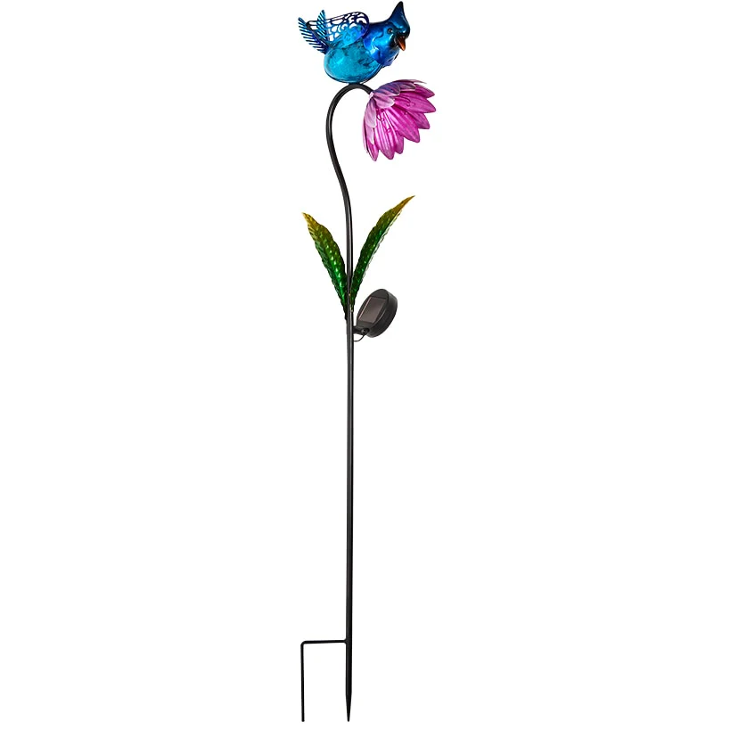 Solar Flower With Perched Bird Garden Stake - Blue or Red - Image 4