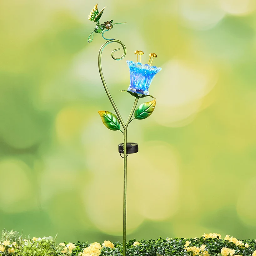 Solar Glass Flower Garden Stake - Butterfly or Hummingbird - Image 3