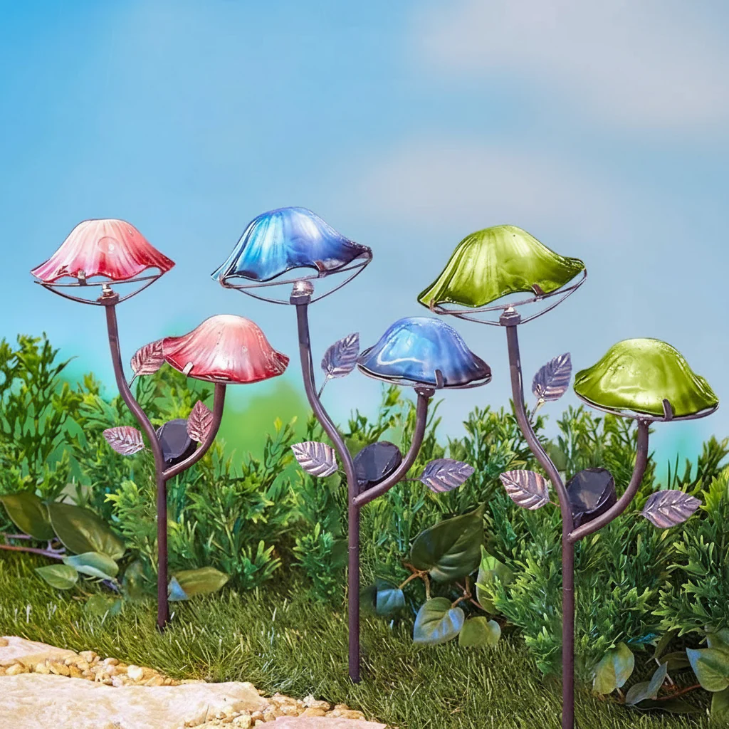 Solar-Powered Double Mushroom Stake – Pink, Green, and Blue