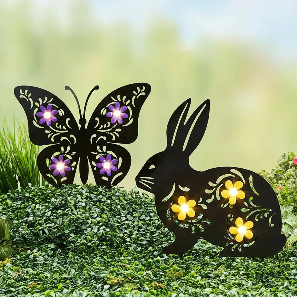 Solar Spring Silhouette Garden Stake With Flowers - Bunny or Butterfly