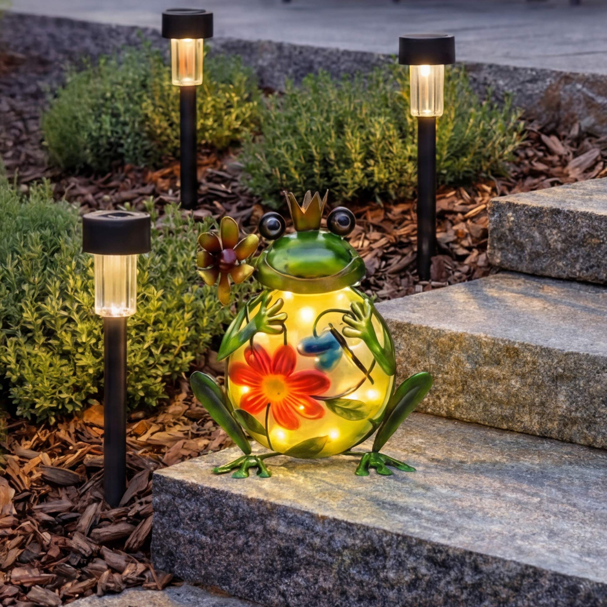 Solar Vibrant Frog Garden Statue With Flowers - Image 2