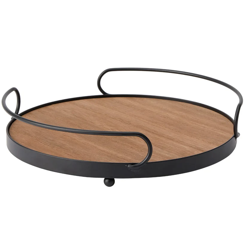 Tabletop Decorative Metal & Wood Round Serving Tray - Image 2