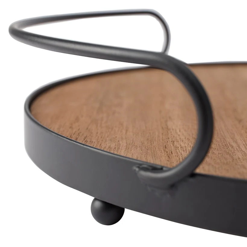 Tabletop Decorative Metal & Wood Round Serving Tray - Image 3
