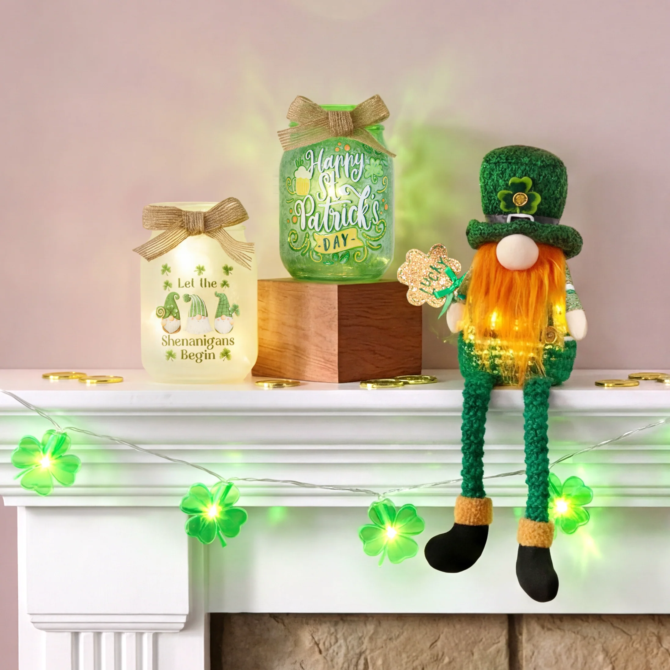 St Patrick's or Valentine's Fairy Light Mason Jar Décor - Image 3