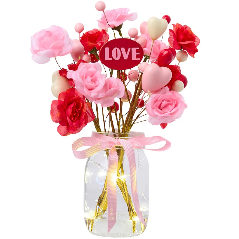 Valentine's Fairy Light Vase With Heart and Flower Bouquet - Image 3