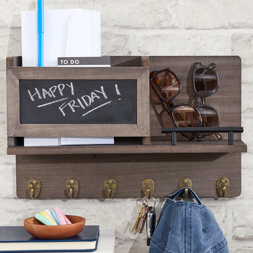 Wall Mounted Entryway Organizer Shelf with Chalkboard and Mail Bin - Image 3