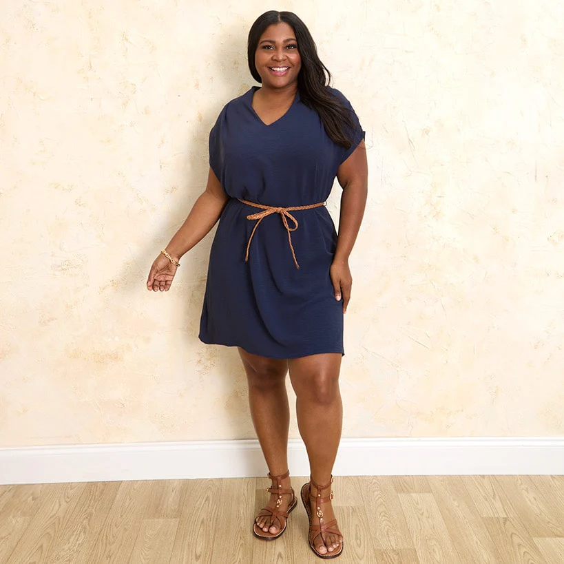 Women's Dolman V-Neck Dress with Braided Belt - Image 6