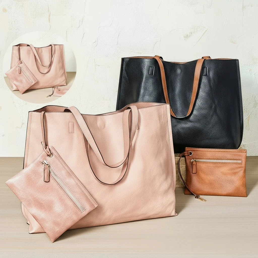 Women's Faux Leather Reversible Tote Bag with Matching Purse