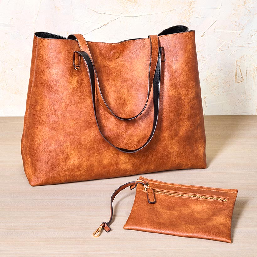 Women's Faux Leather Reversible Tote Bag with Matching Purse - Image 5