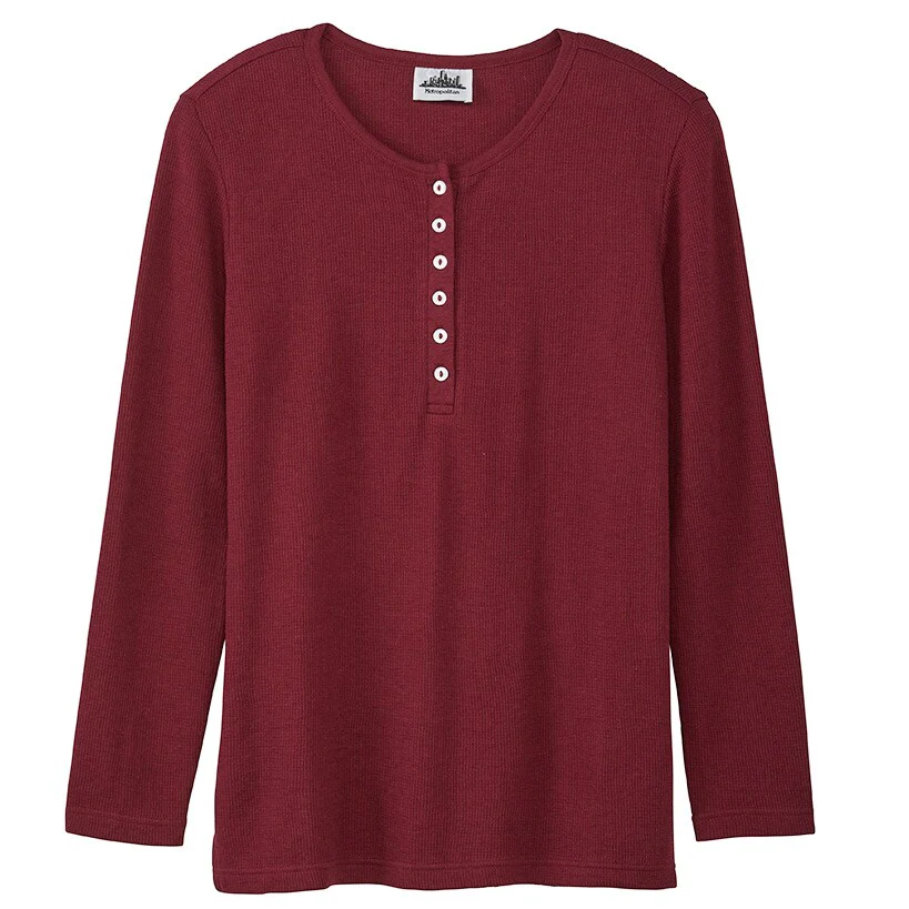 Women's Long Sleeve Thermal Henley Top with Buttons - Image 2