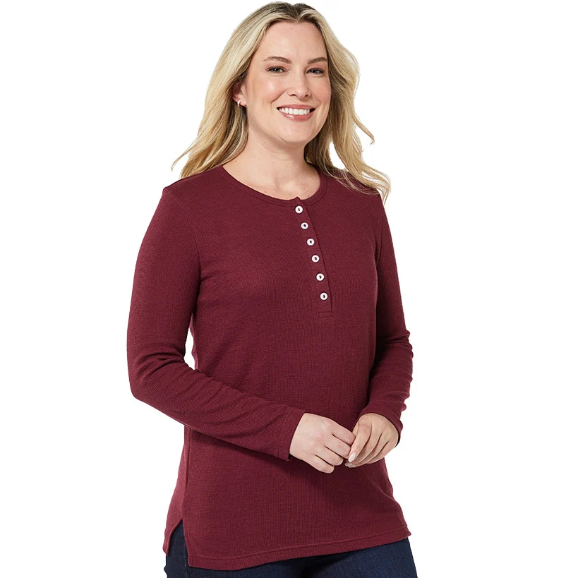 Women's Long Sleeve Thermal Henley Top with Buttons - Image 4