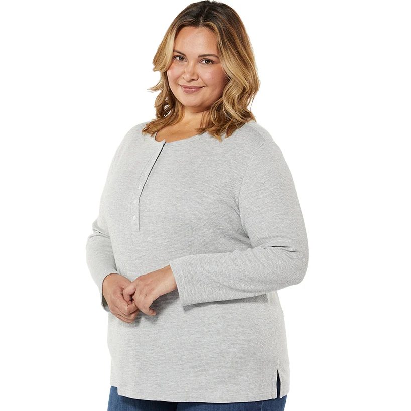 Women's Long Sleeve Thermal Henley Top with Buttons - Image 5